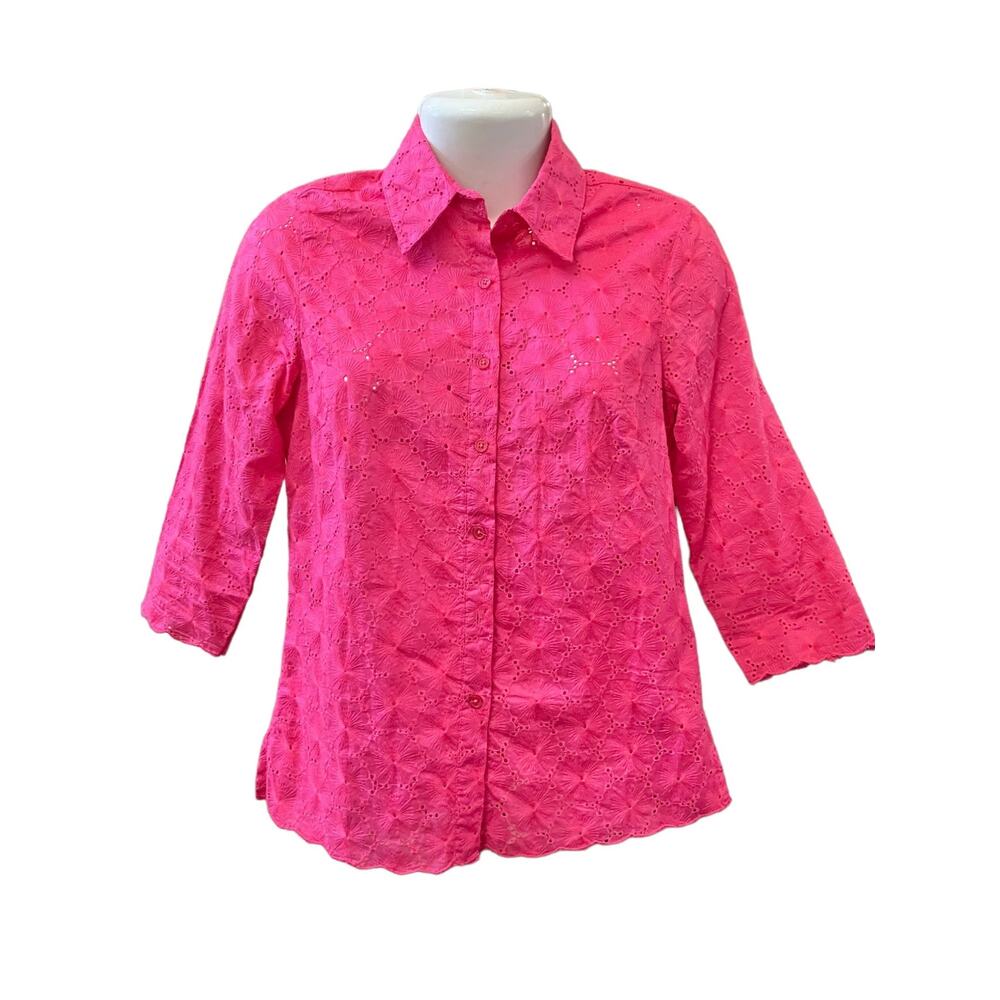 Coldwater Creek Women's Pink Floral Cotton Eyelet Pattern Button-Up Blouse SZ XS - Picture 4 of 9